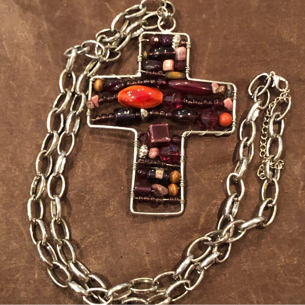 Stunning Oversized Beaded Cross Necklace. Silvertone, Purple/Brown Beads.